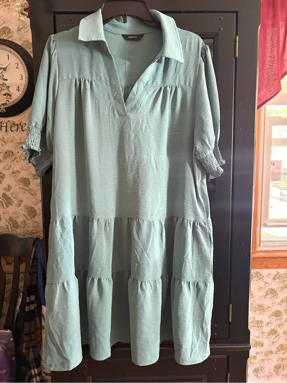 Light Teal Collared Tiered Midi Dress - Relaxed Fit
